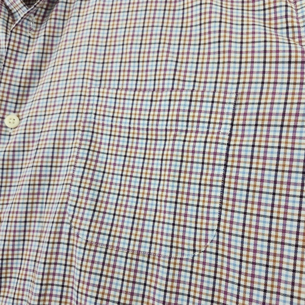Peter Millar Shirt Adult Large Blue Brown Plaid Button Up Linen Cotton Mens - Picture 5 of 10